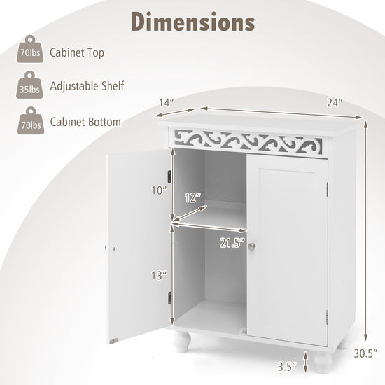Freestanding Bathroom Cabinet Floor Storage Organizer with Adjustable Shelf and Solid Wood Legs-White