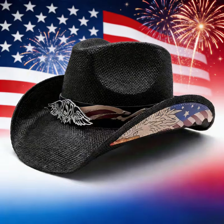Western Cowboy Hat with Metal Eagle Accent – Lightweight Wide Brim Straw-Style Hat