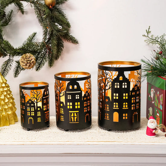 12PCS Village Silhouette Candle Lantern 7.5" H Etched Bronze Metal Candle Holder Decorations for Living Room Tabletop Parties Patio Entryway Indoors Outdoors