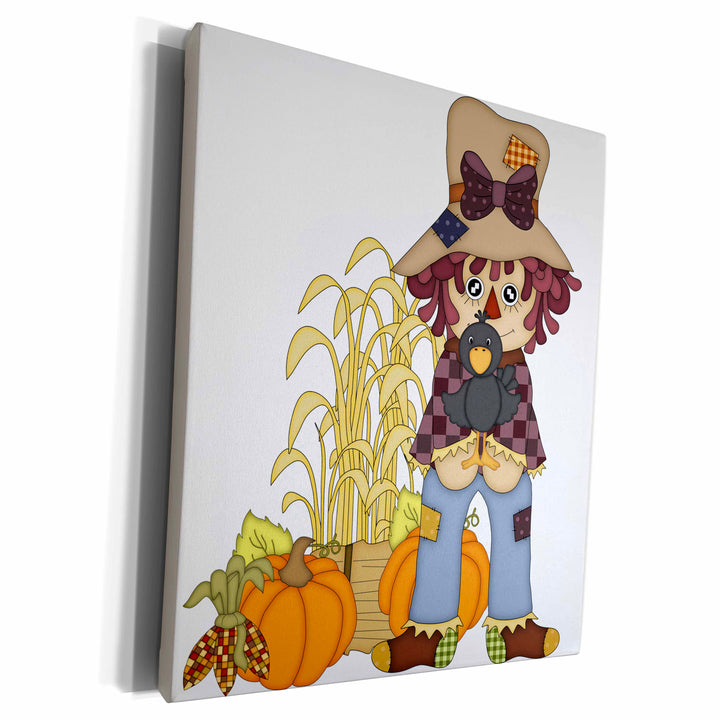 3dRose Cute Fall Scarecrow With A Crow and Pumpkins For... - Museum Grade Canvas Wrap (cw_216859)