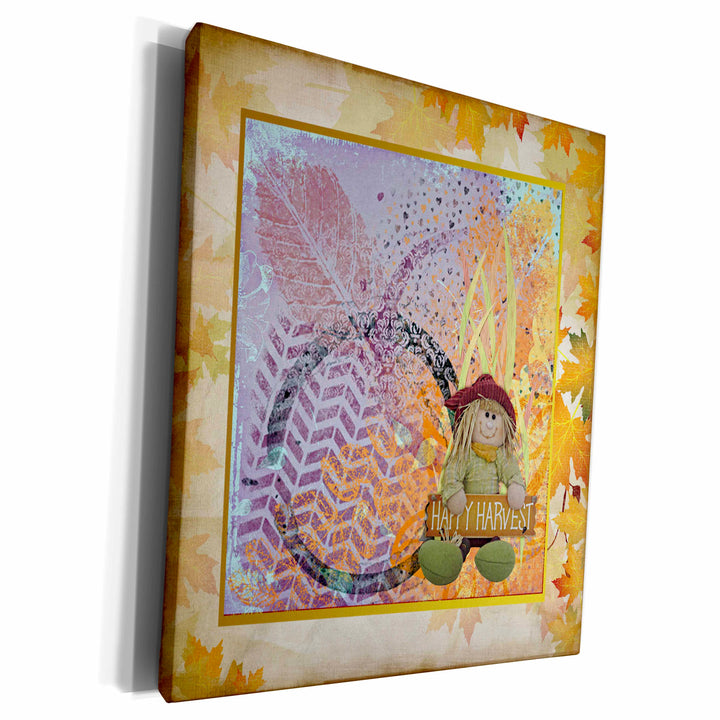 3dRose Happy Harvest Scarecrow on Abstract Pumpkin Design,... - Museum Grade Canvas Wrap (cw_302003)