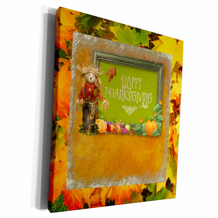 3dRose Happy Thanksgiving, Scarecrow, Pumpkins, and Apples... - Museum Grade Canvas Wrap (cw_304920)