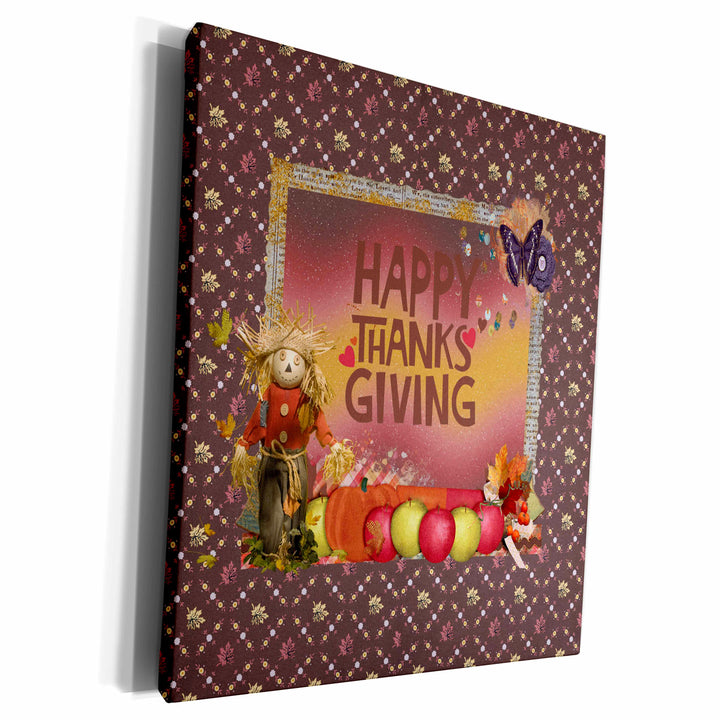 3dRose Happy Thanksgiving, Scarecrow, Pumpkins, Apples,... - Museum Grade Canvas Wrap (cw_327182)