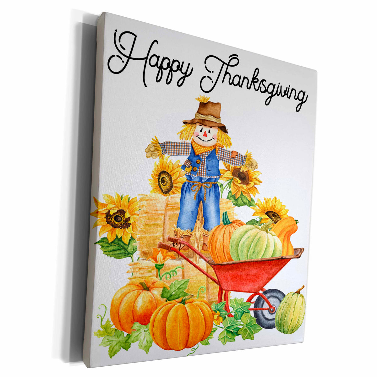 3dRose Happy Thanksgiving With A Scarecrow and Wheelbarrow... - Museum Grade Canvas Wrap (cw-369948)