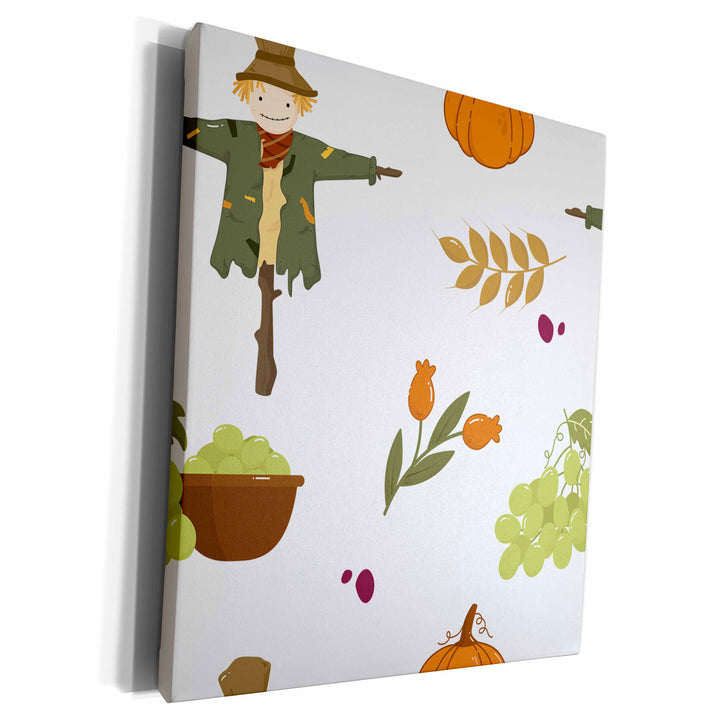 3dRose Cute Scarecrow, Flowers, Grapes, Pumpkins Pattern - Museum Grade Canvas Wrap (cw-370256)