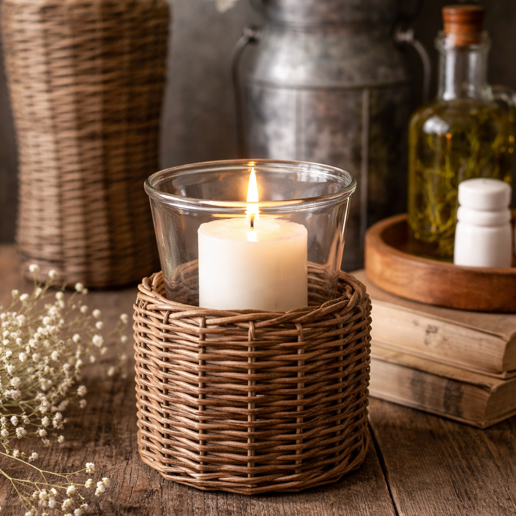 Woven Willow Glass Hurricane Holder