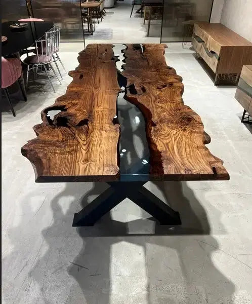 Live Edge, Epoxy Resin River Dining Room Table Made Of Chestnut Wood