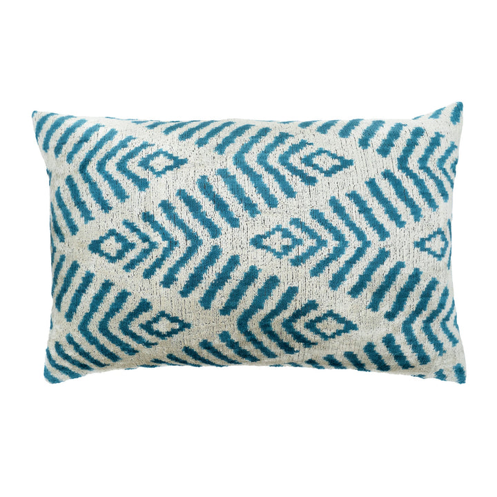 Coastal Blue Silk Velvet Ikat Throw Pillow Cover 16 X 24, luxury ikat accent for sofa or bed at Cedar & Spice Gifts