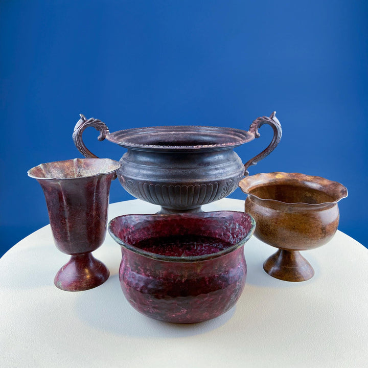 Collection of Rustic Metal Urns Jardinieres. Flower Arrangements or Herb Garden. Set of 4 Planters. Home Retail Decor. Florist Supplies.