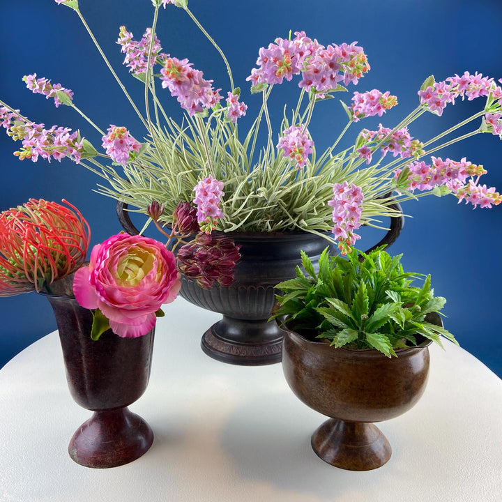 Collection of Rustic Metal Urns Jardinieres. Flower Arrangements or Herb Garden. Set of 4 Planters. Home Retail Decor. Florist Supplies.