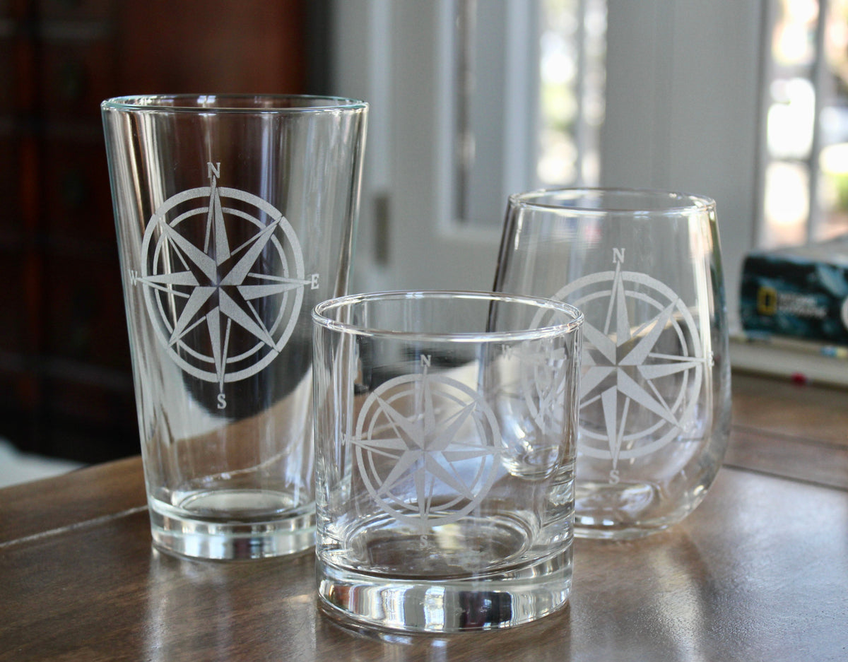 Compass Rose Laser Engraved Glasses - Nautical Gift