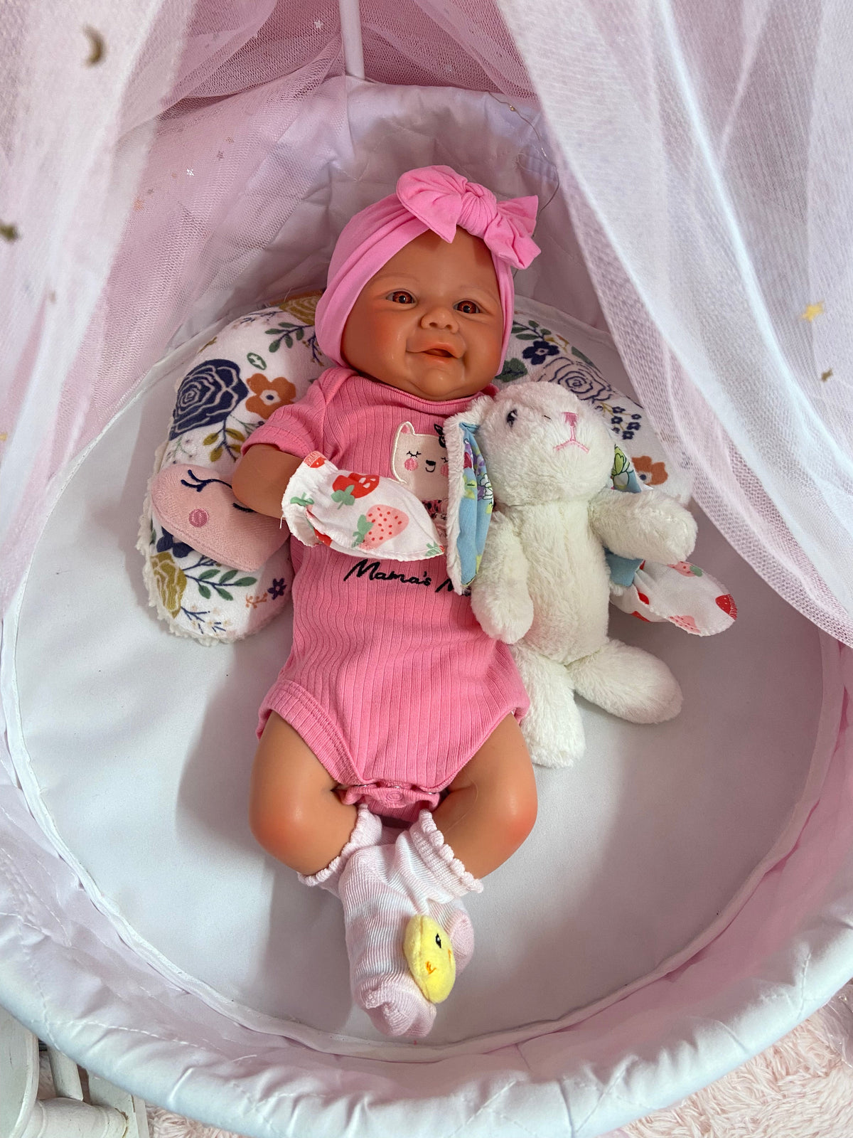 Neilani Bald 18” Full Silicone Baby Girl tan skin, no hair, open mouth approx 6lbs