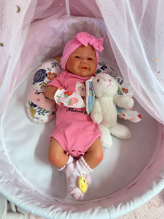 Neilani Bald 18” Full Silicone Baby Girl tan skin, no hair, open mouth approx 6lbs