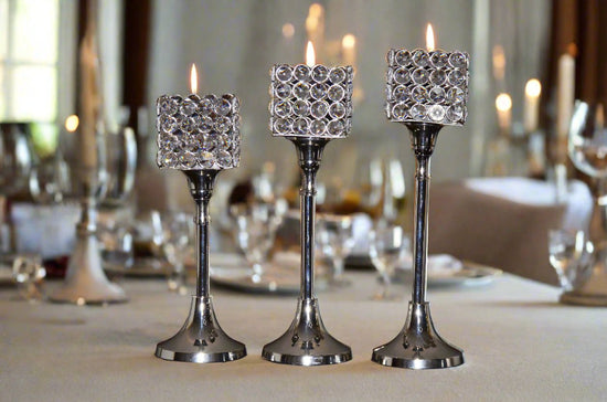 Vibhsa Crystal Hurricane Candle Holders | Set of 3, 10"/11"/12", Silver Nickel Finish