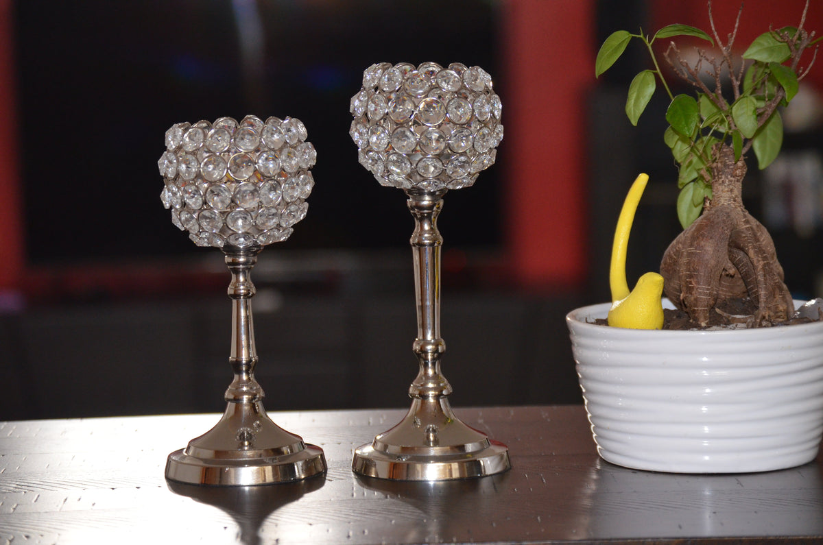 Vibhsa Round Crystal Hurricane Candle Holders | Set of 2, 8" & 10", Silver Nickel Finish
