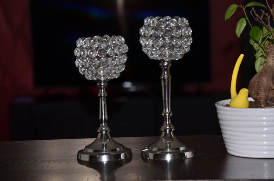Vibhsa Round Crystal Hurricane Candle Holders | Set of 2, 8" & 10", Silver Nickel Finish