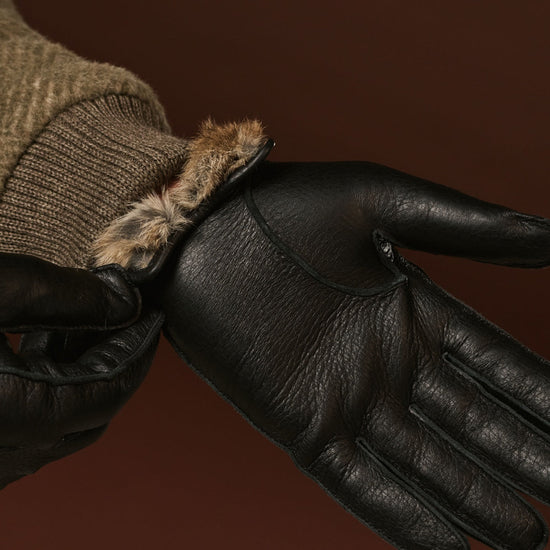 Diego (black) - Italian gloves made of American deerskin leather with rabbit fur lining