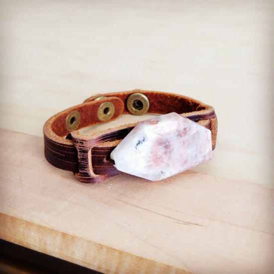 Sunstone Slab Narrow Leather Cuff Bracelet 001ab