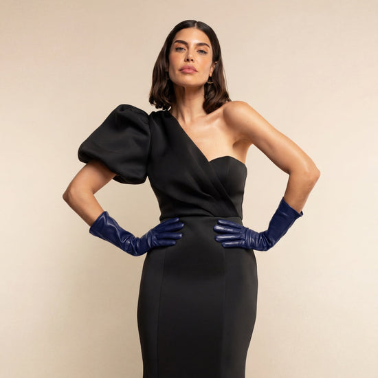 Elena (navy) - Italian silk lined 6-button length leather opera gloves
