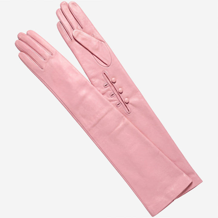 Elena (pink) - Italian silk lined 16-button length leather opera gloves