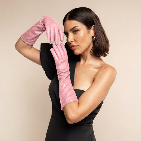 Elena (pink) - Italian silk lined 8-button length leather opera gloves