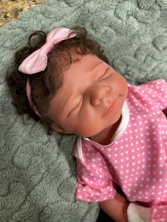Victoria 19” W/ NEWBORN CURLY HAIR , CUSTOM MADE Full Silicone Tan Skin open mouth tat 5 days