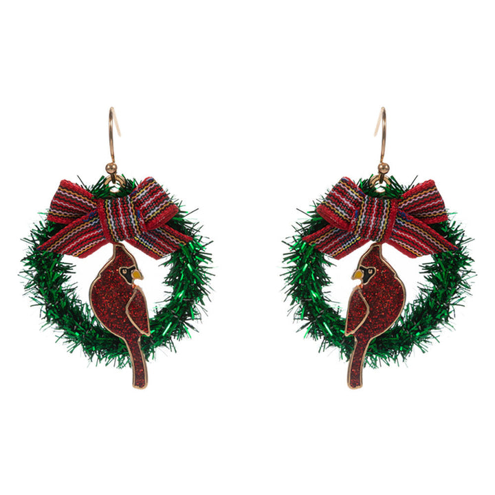 Holiday Bow Accent Cardinal Wreath Dangle Earrings