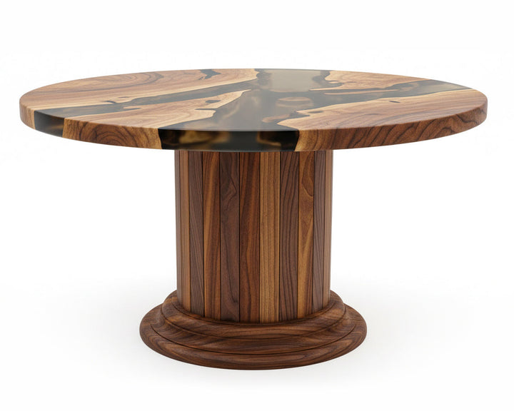 Round Dining Table with Solid Wood Drum Pedestal Base
