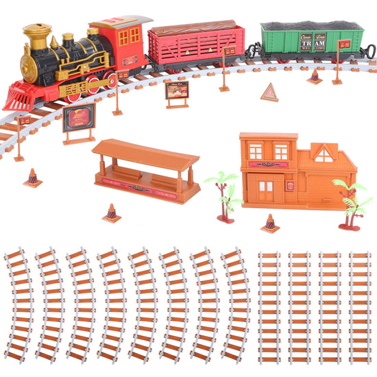 193Pcs Electric Train Set Steam Locomotive Passenger Coach Coal Car Battery Powered Christmas Train Set with Sounds Light Smoke Railway Kit Christmas