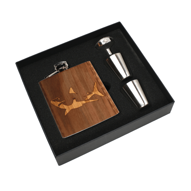 Real Wooden 6 oz. Hip Flask in Premium Gift Box with Shot Glasses & Funnel