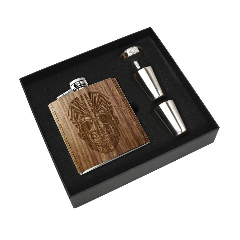 Real Wooden 6 oz. Hip Flask in Premium Gift Box with Shot Glasses & Funnel