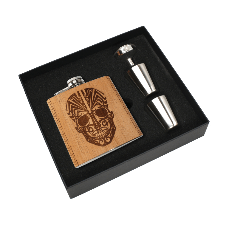 Real Wooden 6 oz. Hip Flask in Premium Gift Box with Shot Glasses & Funnel