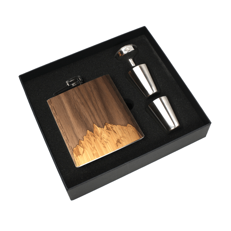 Real Wooden 6 oz. Hip Flask in Premium Gift Box with Shot Glasses & Funnel