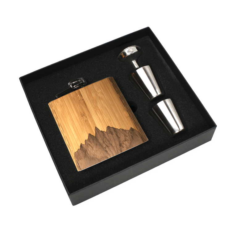 Real Wooden 6 oz. Hip Flask in Premium Gift Box with Shot Glasses & Funnel