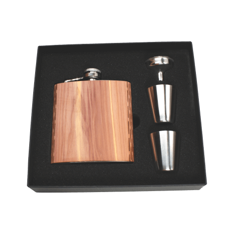 Real Wooden 6 oz. Hip Flask in Premium Gift Box with Shot Glasses & Funnel
