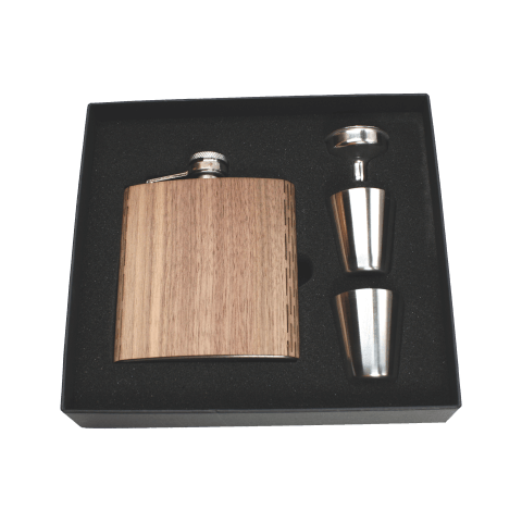 Real Wooden 6 oz. Hip Flask in Premium Gift Box with Shot Glasses & Funnel