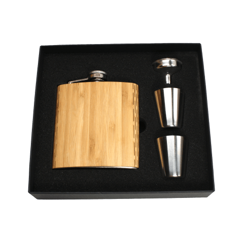 Real Wooden 6 oz. Hip Flask in Premium Gift Box with Shot Glasses & Funnel