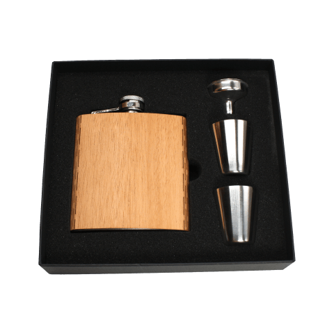 Real Wooden 6 oz. Hip Flask in Premium Gift Box with Shot Glasses & Funnel