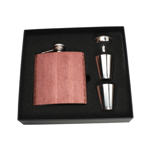 Real Wooden 6 oz. Hip Flask in Premium Gift Box with Shot Glasses & Funnel