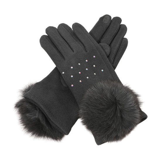 Faux Fur Cuff Pom Rhinestone Embellished Smart Touch Winter Gloves