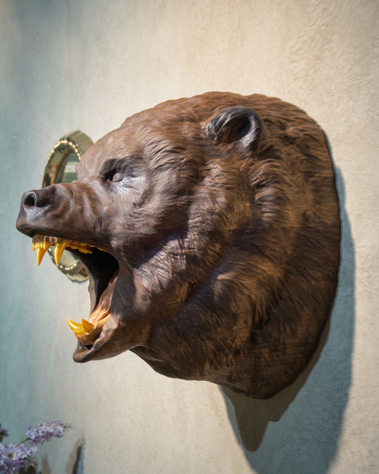 Hand-Carved Roaring Bear Head