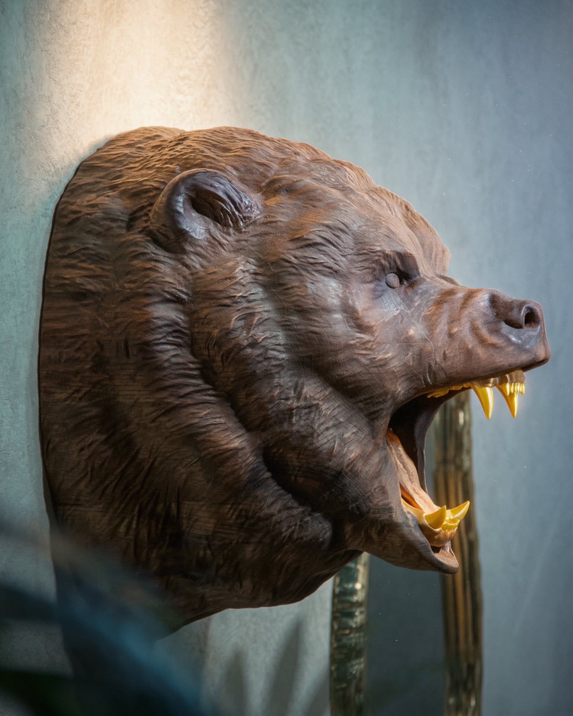 Hand-Carved Roaring Bear Head