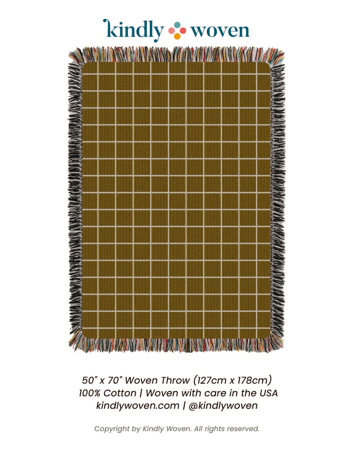Golden Brown Grid Jacquard Woven Throw Blanket, Reversible Cotton Throw, Made in USA | Greer Acorn