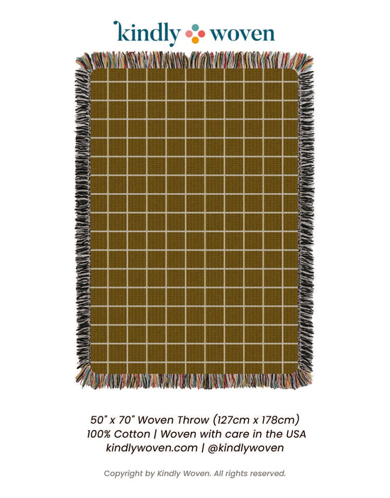 Golden Brown Grid Jacquard Woven Throw Blanket, Reversible Cotton Throw, Made in USA | Greer Acorn
