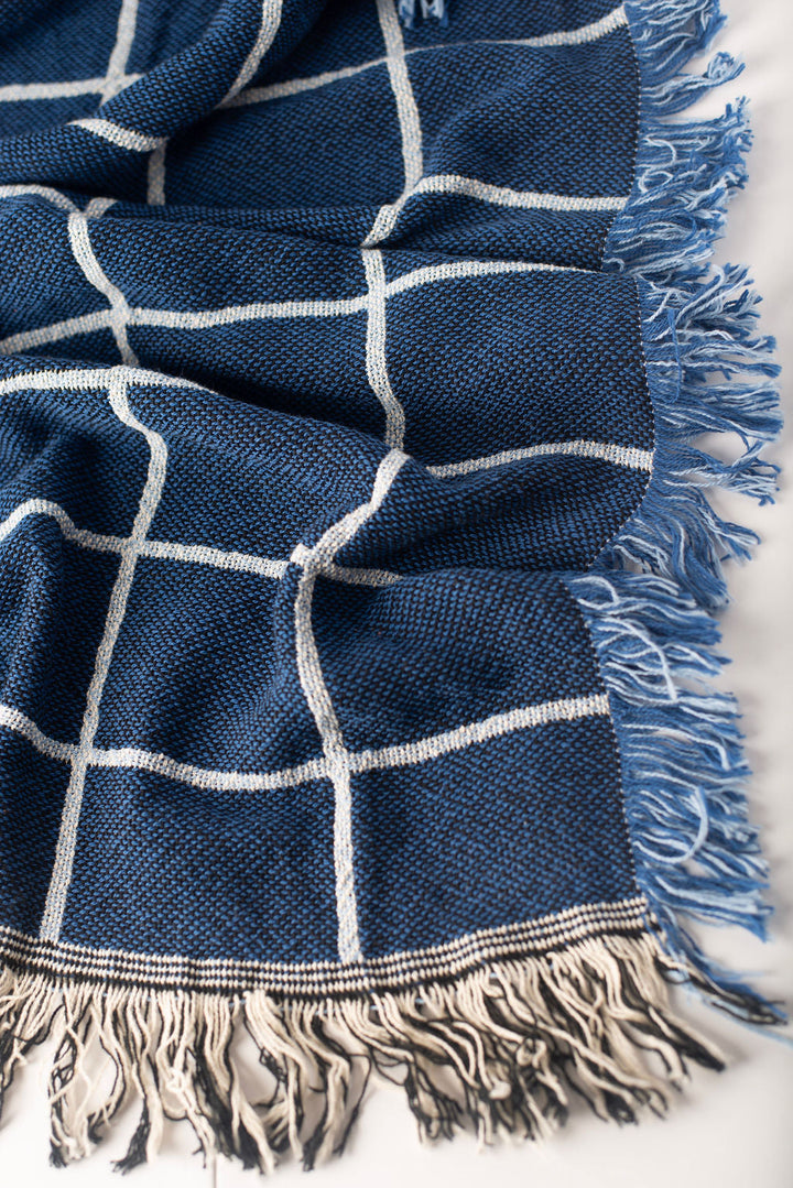 Blue Grid Jacquard Woven Throw Blanket, Reversible Cotton Throw, Made in USA | Greer Lapis