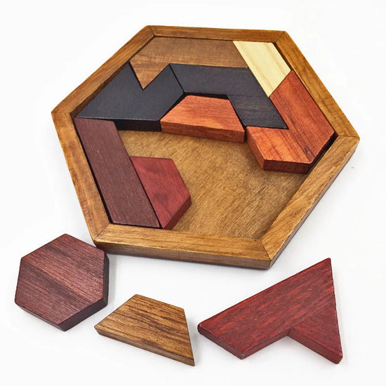 Hexagonal Wooden Puzzles, IQ Game Educational Toy for Children, Kids & Adults, Tangram Board IQ Brain Teaser, Montessori Gift Toy