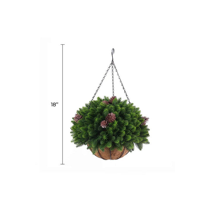 Artificial cedar hanging basket with pine cones