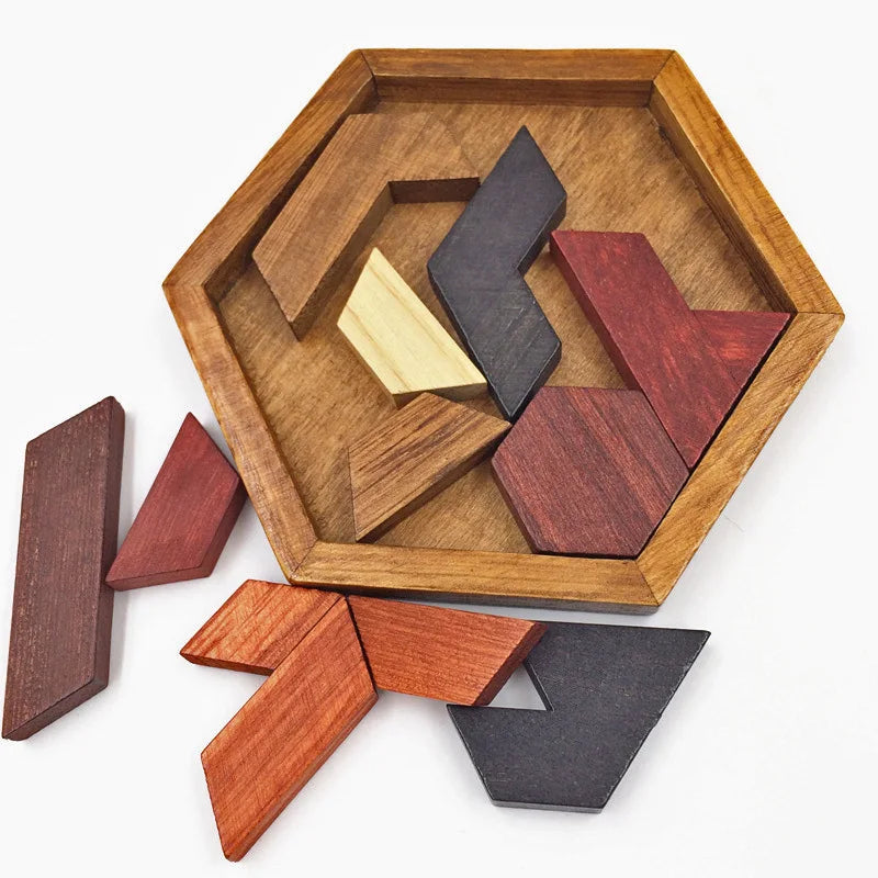 Hexagonal Wooden Puzzles, IQ Game Educational Toy for Children, Kids & Adults, Tangram Board IQ Brain Teaser, Montessori Gift Toy