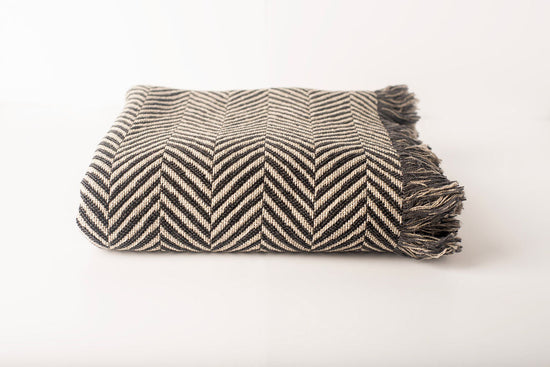 Neutral Herringbone Jacquard Woven Throw Blanket, Reversible Cotton Throw, Made in USA | Henry Stone