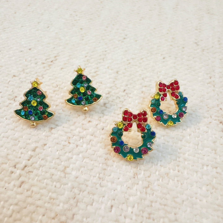 Holly Jolly Christmas Stud Earring Set – Christmas Trees & Wreaths | Festive Mini Earrings Duo